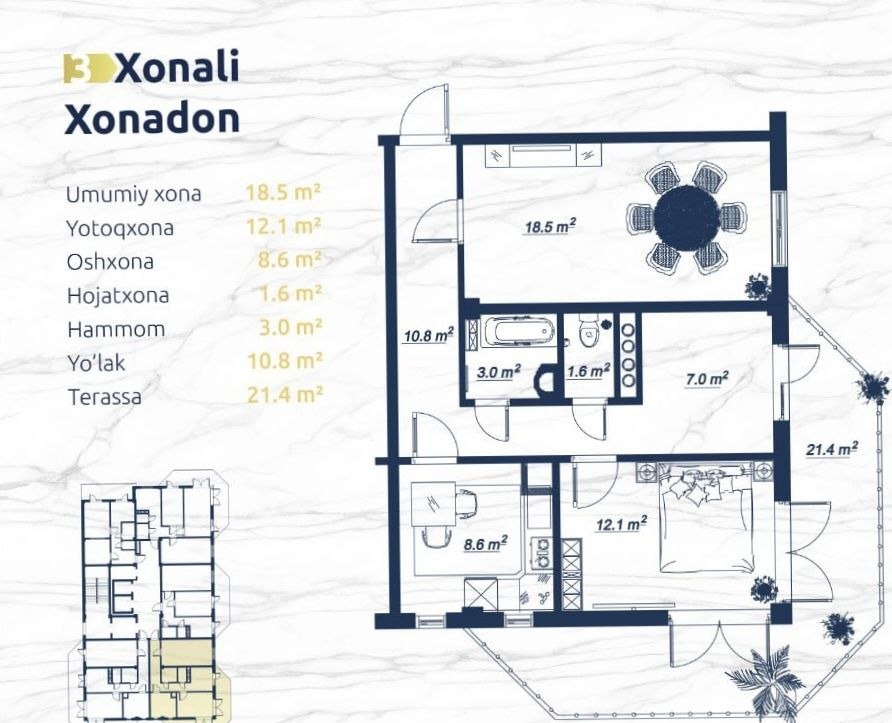 Продаётся 3-комн. квартира, 86 м² · ЖК Xon Saroy · Юнусабад — фото 4