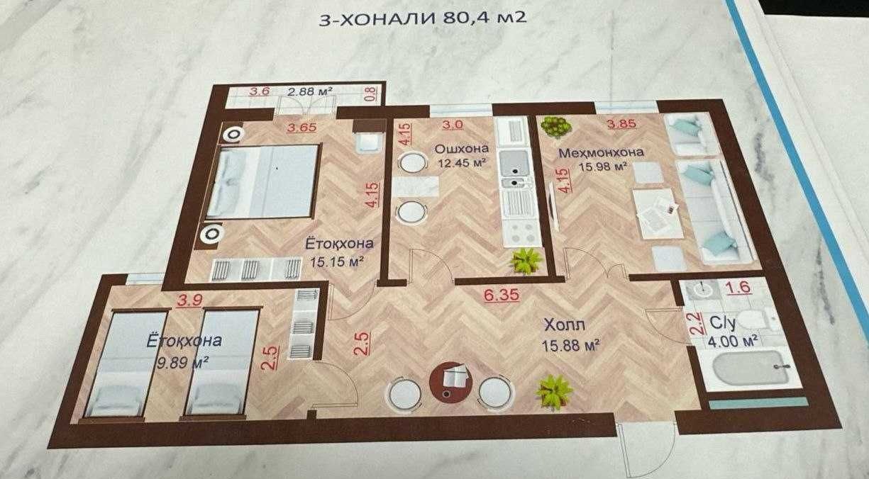 Продаётся 3-комн. квартира, 75.3 м² · Юнусабад — фото 2