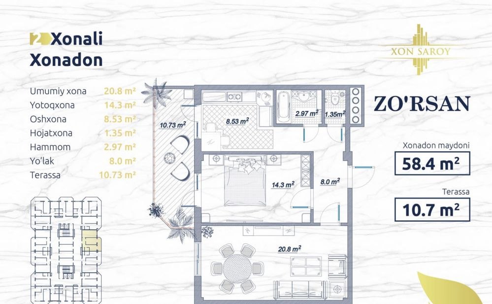 Sotiladi 2 xonali xonadon, 69.1 m² · Xon Saroy · Yunusobod — surat 2