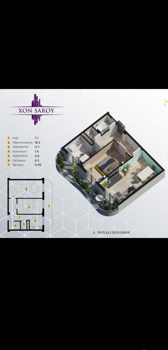 For sale 2-room apartment, 53.62 m² · Xon Saroy · Yunusabad — photo 1